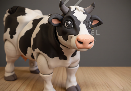 Toy cow figure on a wooden surface with a gray background