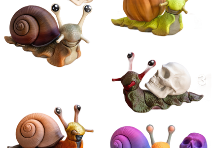 Set of colorful snail figurines with skull and pumpkin elements on a white background