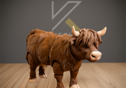 Brown articulated cow toy on a wooden floor with a dark gray background