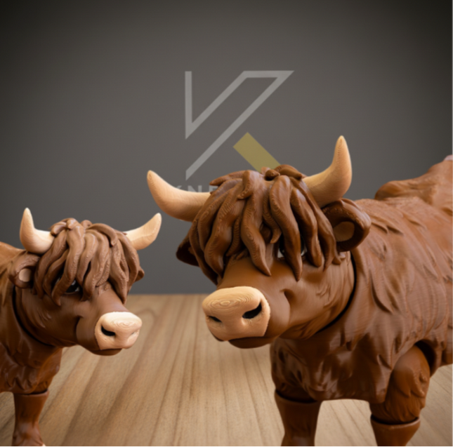 Two brown cow statues on a wooden floor with a dark gray background.