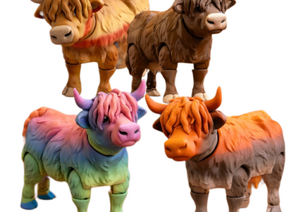 Four Highland cow toys in different colors on a white background