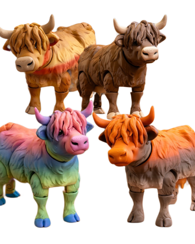 Four Highland cow toys in different colors on a white background