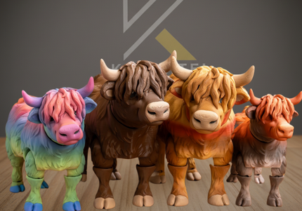 Four colorful cow figurines on a wooden floor with a dark background