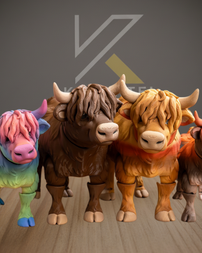 Four colorful cow figurines on a wooden floor with a dark background