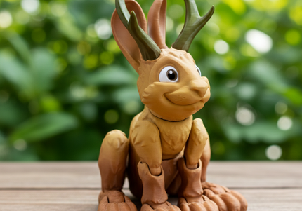 3d Printed Toy figure of a pronghorn jackalope on a wooden surface with a blurred green background