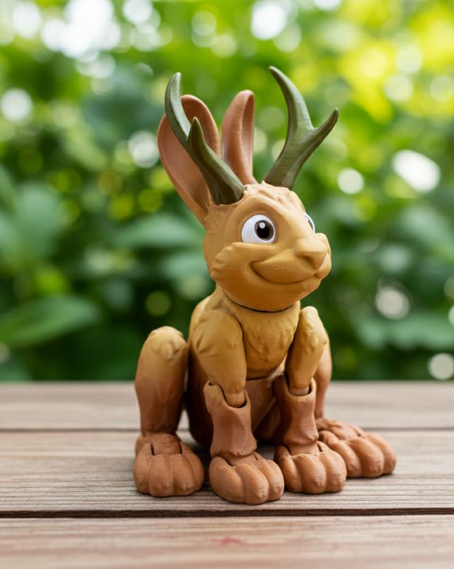 3d Printed Toy figure of a pronghorn jackalope on a wooden surface with a blurred green background
