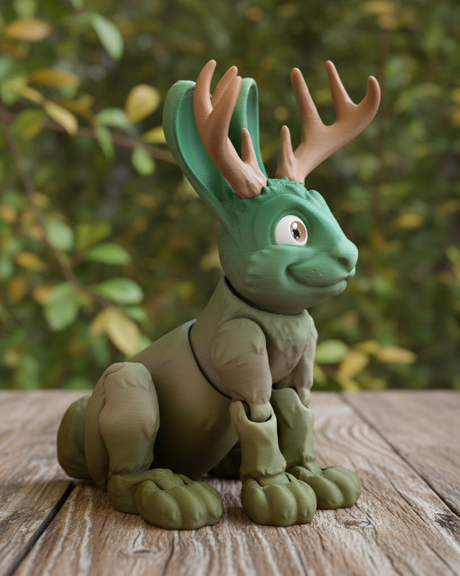 Green and brown 3d printed jackalope - a folklore creature with antlers on a wooden surface with a blurred natural background