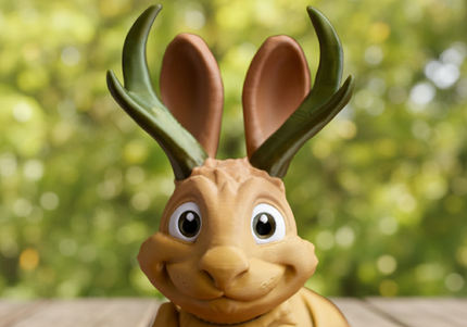 3d Printed Toy figure of a pronghorn jackalope on a wooden surface with a blurred green background