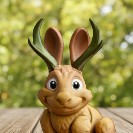 3d Printed Toy figure of a pronghorn jackalope on a wooden surface with a blurred green background