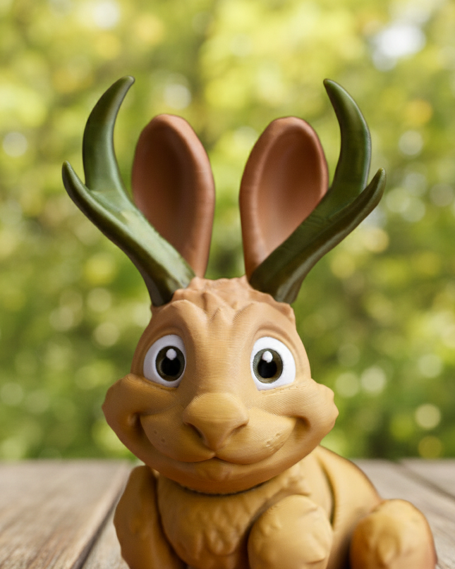 3d Printed Toy figure of a pronghorn jackalope on a wooden surface with a blurred green background