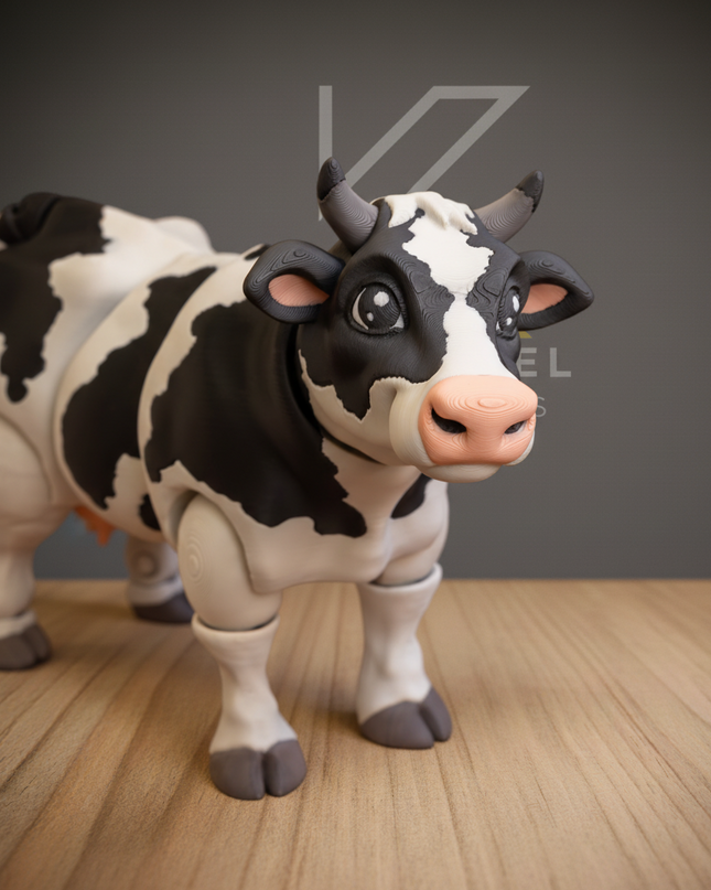 Toy cow figure on a wooden surface with a gray background