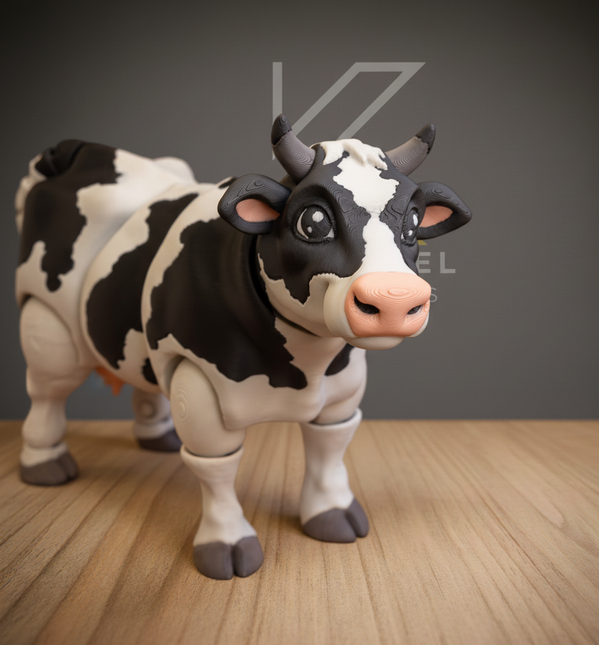 Toy cow figure on a wooden surface with a gray background