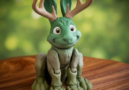 Green 3d printed jackalope  toy  with antlers on a wooden surface with a leafy green background