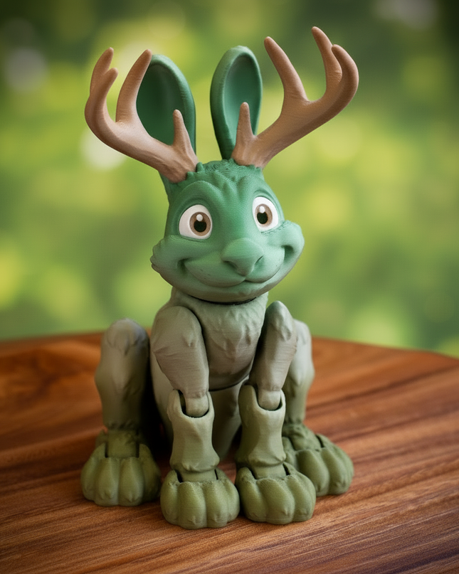 Green 3d printed jackalope  toy  with antlers on a wooden surface with a leafy green background