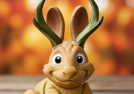 3d printed toy of a light brown pronghorn jackalope sitting on a wooden base with a soft blurred autumn background of red yellow and gold