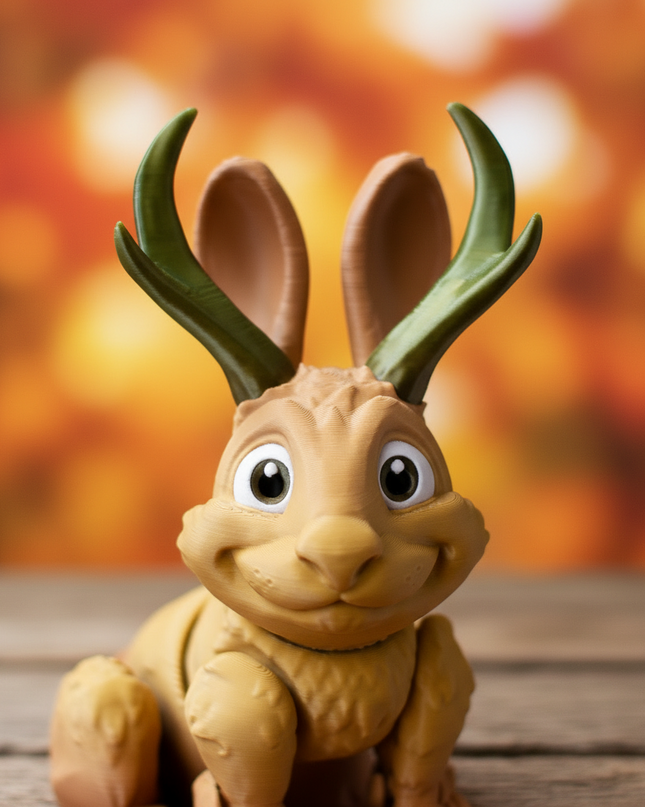 3d printed toy of a light brown pronghorn jackalope sitting on a wooden base with a soft blurred autumn background of red yellow and gold