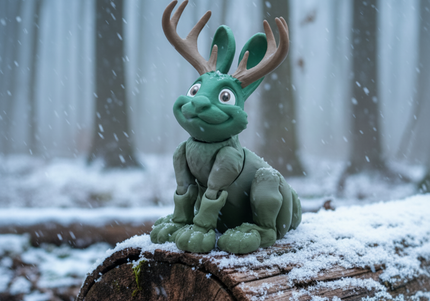 a 3d printed Toy  jackalope figure with green and brownish fur  and brown antlers on old log with soft white snow in the background 