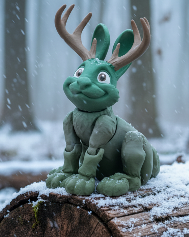 a 3d printed Toy  jackalope figure with green and brownish fur  and brown antlers on old log with soft white snow in the background 