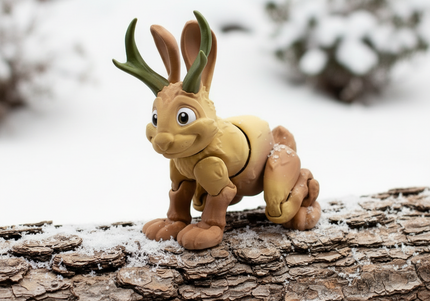 3d printed jackalope toy on a log with freshly fallen snow