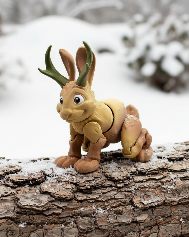 3d printed jackalope toy on a log with freshly fallen snow