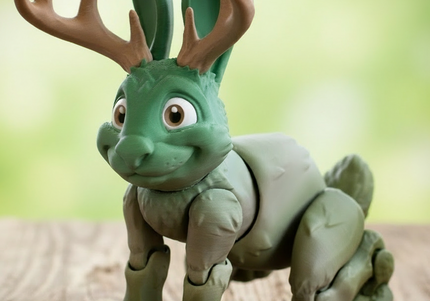 3d Printed Toy figure of a green and brownish jackalope with antlers on a wooden base with a soft green background