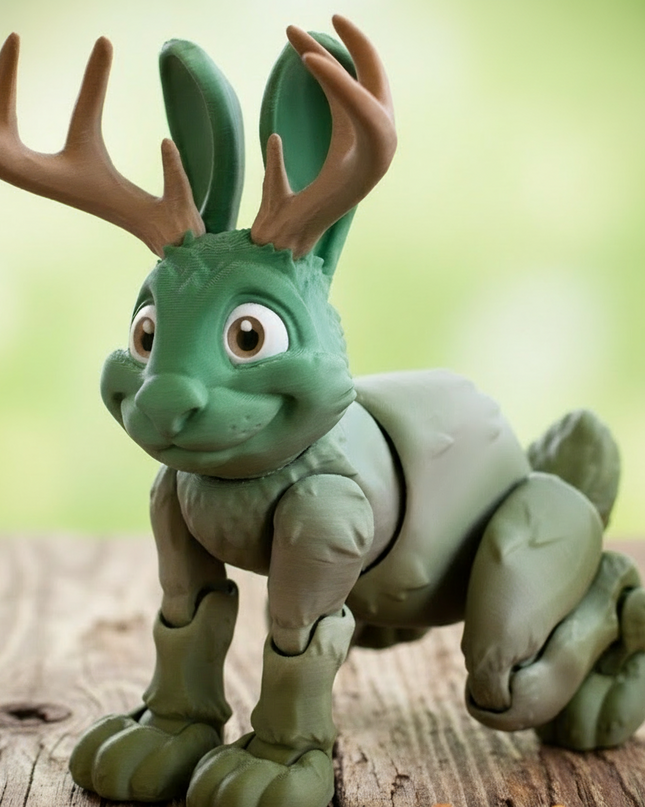 3d Printed Toy figure of a green and brownish jackalope with antlers on a wooden base with a soft green background