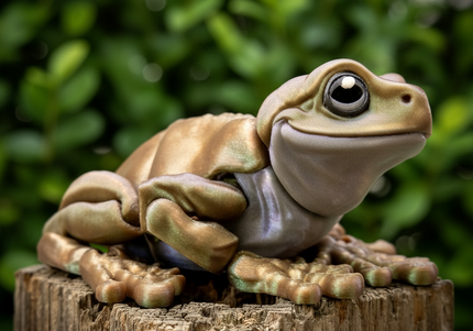 Whites Tree frog  light green/bronze sitting on a wooden block with blurred leaves in the background
