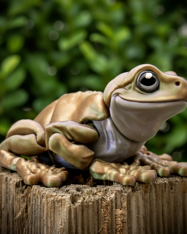 Whites Tree frog  light green/bronze sitting on a wooden block with blurred leaves in the background