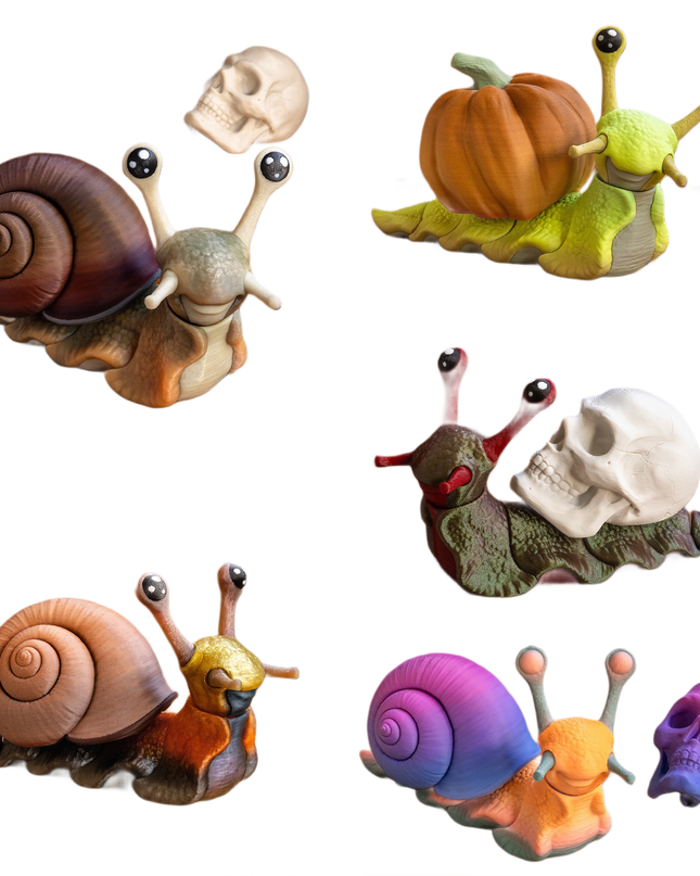 Set of colorful snail figurines with skull and pumpkin elements on a white background