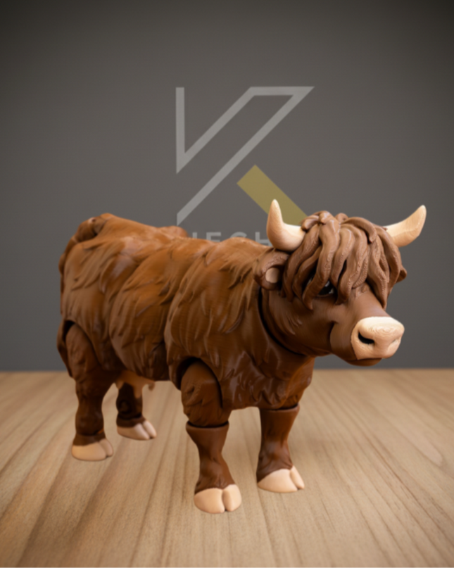 Brown articulated cow toy on a wooden floor with a dark gray background