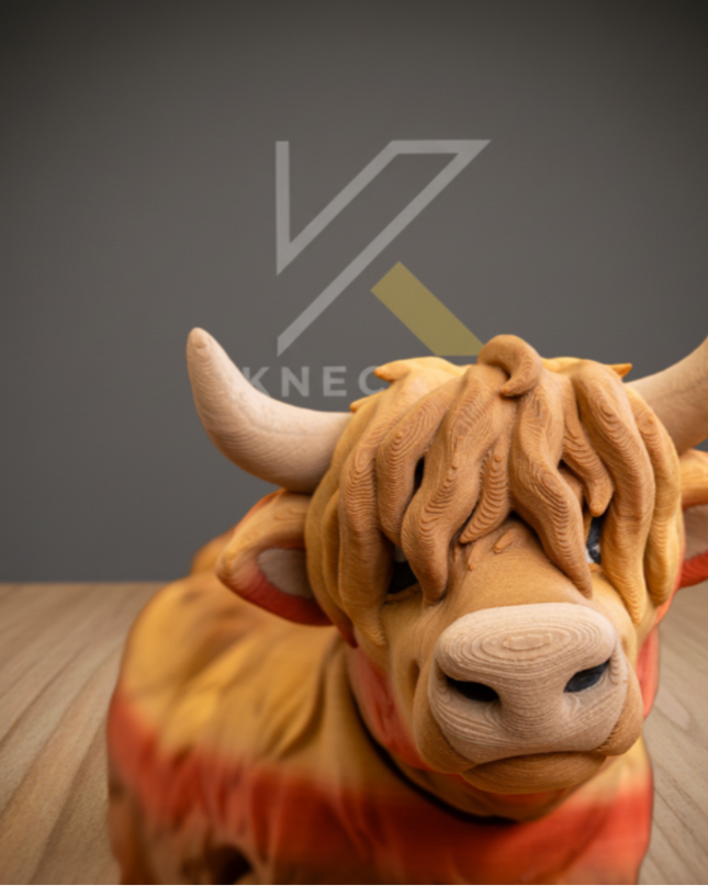 Cloe up of an articulated highland cow with a brand logo on a wooden floor