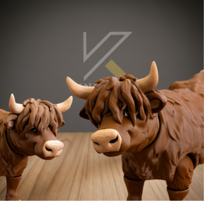 Two brown cow statues on a wooden floor with a dark gray background.