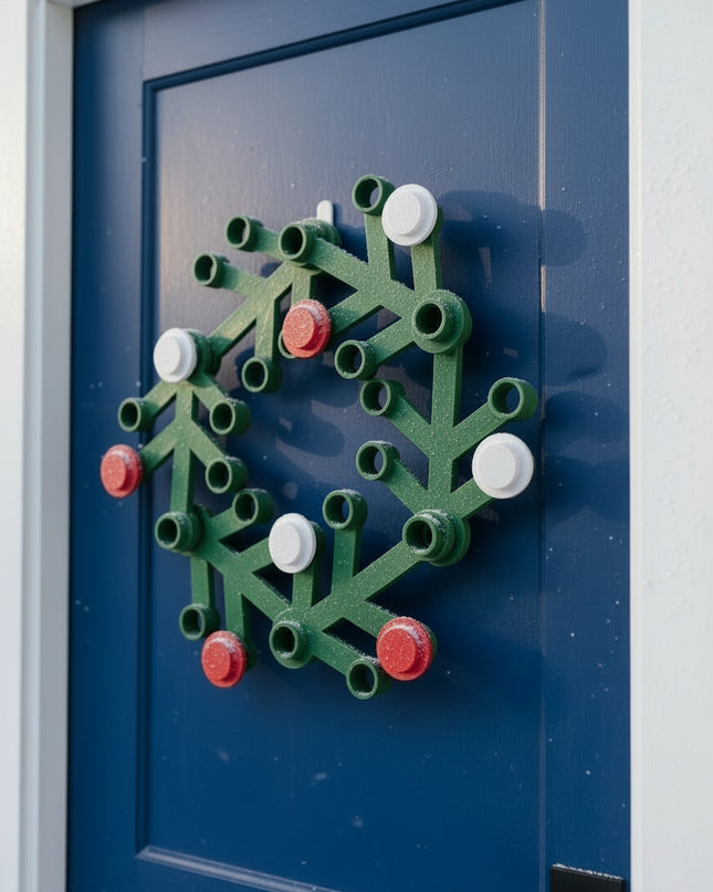 Green wreath-shaped object with red and white accents hanging on a bright blue door