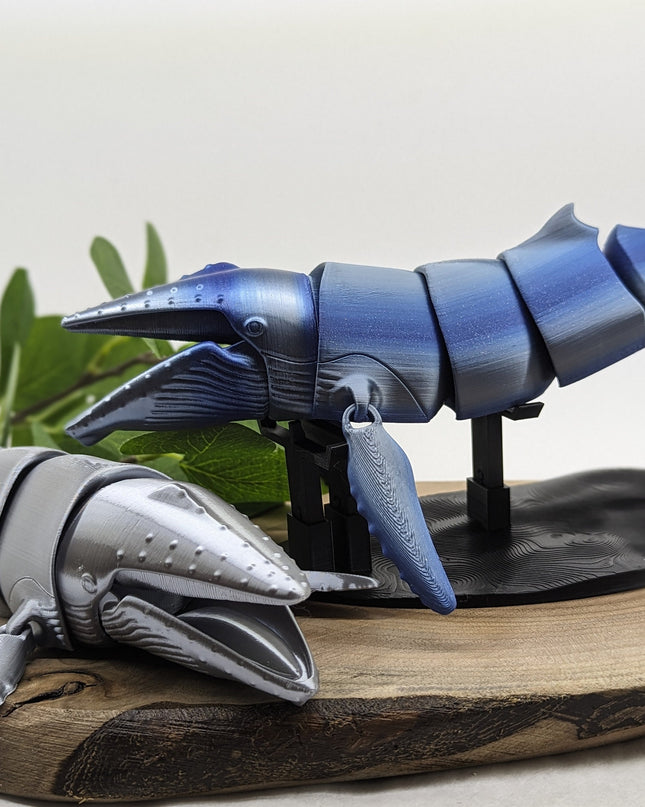 3D-printed model of a humpback whales in a blue ombre in the background with a grey one on a wooden surface with a white background