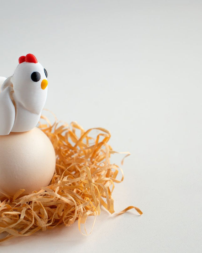Small chicken figurine on a nest of straw with a white background